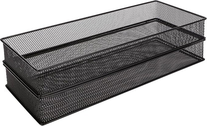 Annova Mesh Stackable Drawer Cabinet and Shelf Organizer Bins Storage Basket School Office Supply Holder Tray- Set of 2 (Black, 6x15x2 Inch)