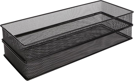 Annova Mesh Stackable Drawer Cabinet and Shelf Organizer Bins Storage Basket School Office Supply Holder Tray- Set of 2 (Black, 6x15x2 Inch)