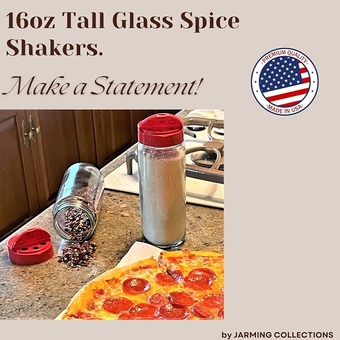 JARMING COLLECTIONS Glass Spice Jars with Shaker Lids - Spice Jars 16 oz for Food Storage, Spice Containers for Kitchen Organization, Organizing Bottles for Spices (Red - Set of 3)