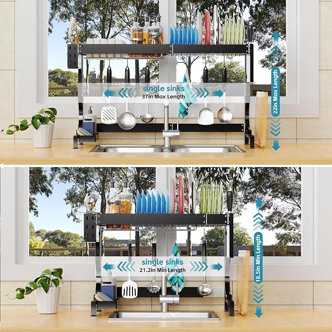Over the Sink Dish Drying Drainer Rack - Height & Width Adjustable Large Capacity Stainless Steel Kitchen Storage Organization Plate Strainers Above Kitchen Counter (W21.2-37" ~ H18.5-22" Black)