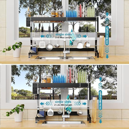 Over the Sink Dish Drying Drainer Rack - Height & Width Adjustable Large Capacity Stainless Steel Kitchen Storage Organization Plate Strainers Above Kitchen Counter (W21.2-37" ~ H18.5-22" Black)