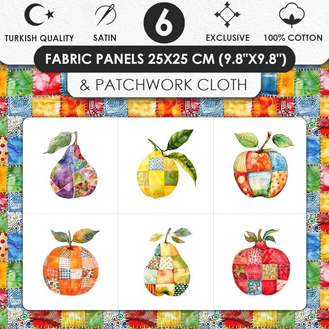 Fruit Patchwork Cotton Fabric Panel – 6 Fruit Designs (10×10 inch Each) + Bonus Patchwork Sheet 29.5×19.6 inch, 100% Cotton 140 GSM