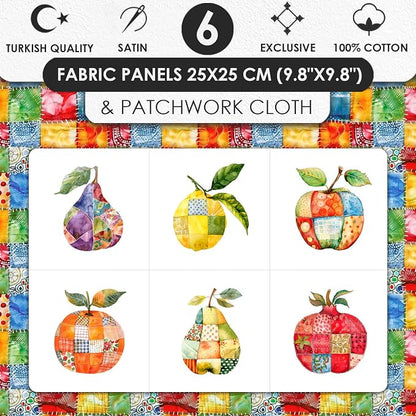 Fruit Patchwork Cotton Fabric Panel – 6 Fruit Designs (10×10 inch Each) + Bonus Patchwork Sheet 29.5×19.6 inch, 100% Cotton 140 GSM