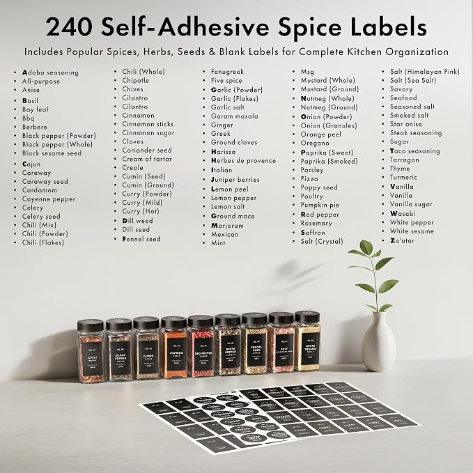 EDELHAUS Glass Spice Jars with Label and Black Lids (24 x 4oz) Spice Containers with 240 Labels, Shaker Inserts, Steel Funnel, Empty Square Seasoning Organizer for Spice Rack, Cabinet, Drawer