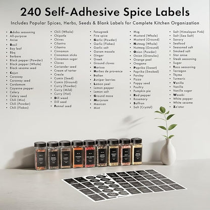 EDELHAUS Glass Spice Jars with Label and Black Lids (24 x 4oz) Spice Containers with 240 Labels, Shaker Inserts, Steel Funnel, Empty Square Seasoning Organizer for Spice Rack, Cabinet, Drawer