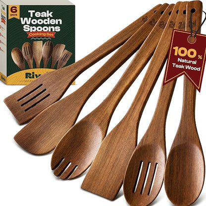 Set of wooden spoons with a tag indicating 100% natural teak wood, next to a box labeled '6 pcs Teak Wooden Spoons Cooking Set' by Riv.