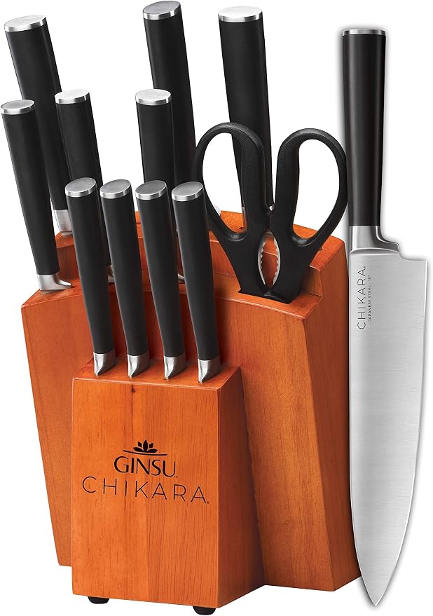 Ginsu Chikara Series Forged 12-Piece Japanese Knife Set, Black - Premium Cutlery Set with 420J Stainless Steel Kitchen Knives and Toffee Bamboo Block
