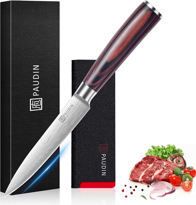 PAUDIN Utility Knife, 5 Inch Chef Knife, Ultra Sharp High Carbon Stainless Steel, Multipurpose Paring Knife for Fruit and Vegetable Cutting with Wooden Handle, Premium Gift Box