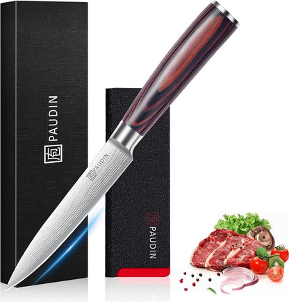PAUDIN Utility Knife, 5 Inch Chef Knife, Ultra Sharp High Carbon Stainless Steel, Multipurpose Paring Knife for Fruit and Vegetable Cutting with Wooden Handle, Premium Gift Box