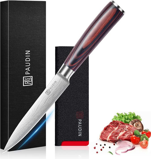 PAUDIN Utility Knife, 5 Inch Chef Knife, Ultra Sharp High Carbon Stainless Steel, Multipurpose Paring Knife for Fruit and Vegetable Cutting with Wooden Handle, Premium Gift Box
