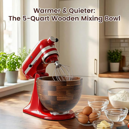 Solid Acacia Wood Mixing Bowl,Compatible with KitchenAid 4.5 & 5 Quart Tilt-Head Stand Mixers with Locking Steel Base, Warmer & Quieter Replacement Bowl for Baking & Dough, Kitchen Gift Idea