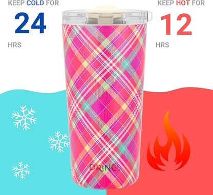 Drinco - 20 oz Stainless Steel Tumbler | Double Walled Vacuum Insulated Mug With Lid, 2 Straws, For Hot & Cold Drinks (20oz Madras Plaid)