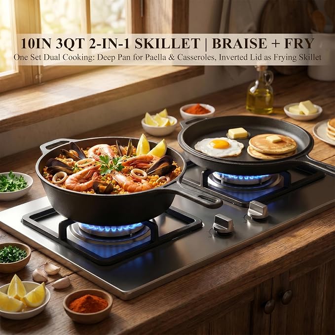 QuliMetal 6 Piece Cast Iron Cookware Set with Dutch Oven | Includes 11 in grill pan, 12 in skillet, 5QT Dutch oven, 3.2QT Dutch oven and 1.6QT skillet lid for home cooking.