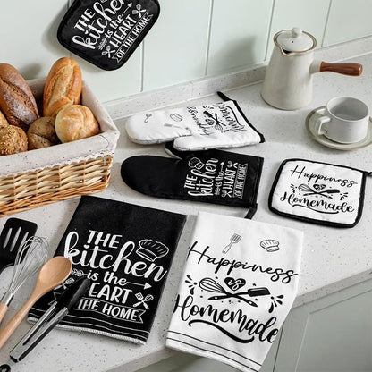 Sratte 6 Pcs Kitchen Decor Accessories Set Farmhouse Towels Pot Holders Oven Mitts Set 2 Dish Towels 2 Potholders 2 Cooking Mittens Oven Glove for Christmas Baking Cooking Supply(White,Kitchen)