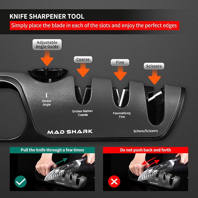 MAD SHARK Knife Sharpener, 6 Adjustable Sharpening Angle, Coarse & Fine Knife Sharpener Tool, Handheld Manual Knives Sharpener for Kitchen Knives, Pocket , Scissors, LARGE, Black