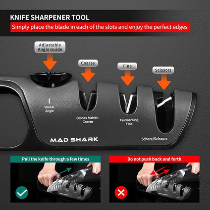 MAD SHARK Knife Sharpener, 6 Adjustable Sharpening Angle, Coarse & Fine Knife Sharpener Tool, Handheld Manual Knives Sharpener for Kitchen Knives, Pocket , Scissors, LARGE, Black