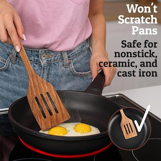PriorityChef Teak Wooden Slotted Turner - Premium Wood Spatula for Cooking - Nonstick-Safe Kitchen Utensil - Handcrafted Wooden Turner for Flipping & Stirring