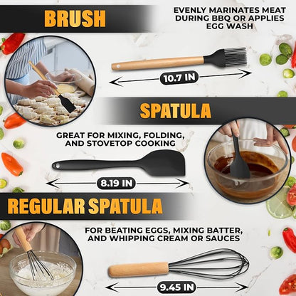 14 PCs Black Silicone Cooking Utensils Set with Holder - Versatile Kitchen Utensils with Sturdy Wooden Handles - Heat Resistance Silicone Kitchen Utensil Set with Holder for All Cooking & Baking Needs