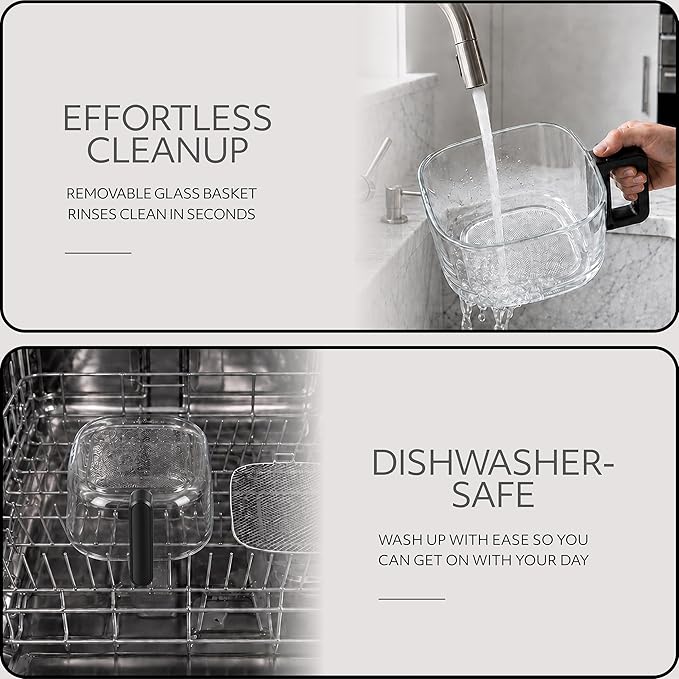 WILLOW Eco Series 6 in 1 Air Fryer with Glass Basket, 5 Quart Non Toxic Glass Air Fryer w Digital Display, 430°F Max Temp, Preheat & Keep Warm Function, Compact + Dishwasher Safe Airfryer -BLACK