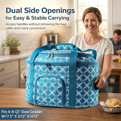 BAGSPRITE Double-layer Slow Cooker Carrying Case for Crock Pot 6-8 Quart, Insulated Crockpot Carrier with Adjustable Lid Straps,Portable Slow Cooker Travel Bag for Potluck, Parties, Family Gatherings