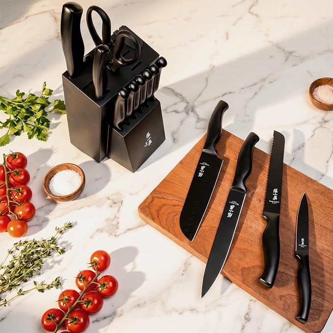 ZHANG XIAO QUAN 15-Piece Kitchen Knife Set with Block, High Carbon Stainless Steel, Ergonomic Hollow Handles, Durable Sharp Blades for Precision Cutting, Black