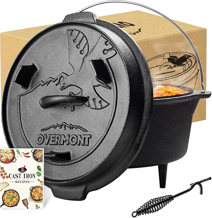 Overmont 6QT Cast Iron Dutch Oven Pre-Seasoned Camping Dutch Oven Pot with Legs, Lid Lifter & Dual Handles, Cast Iron Pot with Skillet Lid for Campfire Cooking, BBQ, Grill, Stove, Outdoor Use
