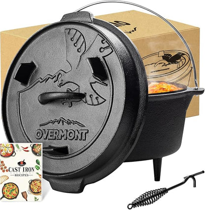 Overmont 6QT Cast Iron Dutch Oven Pre-Seasoned Camping Dutch Oven Pot with Legs, Lid Lifter & Dual Handles, Cast Iron Pot with Skillet Lid for Campfire Cooking, BBQ, Grill, Stove, Outdoor Use