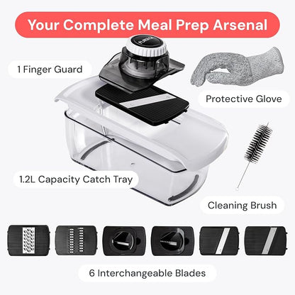 Fullstar Mandoline Slicer for Kitchen, Fruit Cutter, Cheese Grater, Cucumber Slicer, Veggie Spiralizer, Food Cutter & Kitchen Gadgets & Gifts with Safety Glove (6 in 1, Clear)