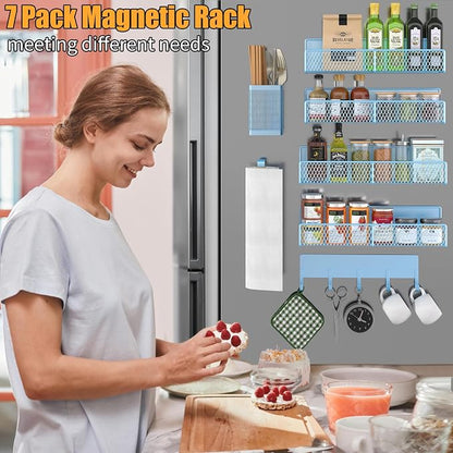 Magnetic Spice Rack for Refrigerator, 7 Pack Metal Magnetic Shelf Blue, Moveable Spice Organizer with Hook Rack, Paper Towel Holder, Kitchenware Holder, Strong Magnetic Storage Fridge Organizer