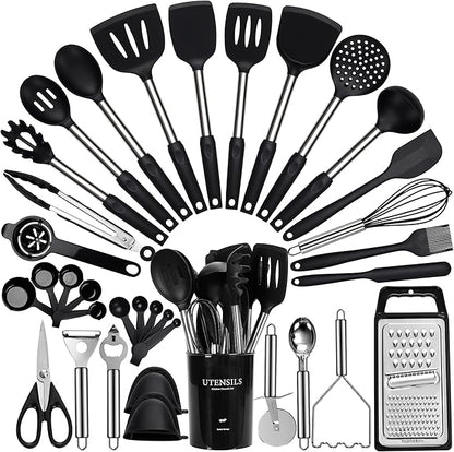 Large Cooking Utensils Set, 35 Pcs Silicone Kitchen Utensils Set with Holder, Stainless Steel Handle Spatula Set, Heat Resistant Food Grade Silicone Kitchen Gadgets for Non-stick Cookware (Black)