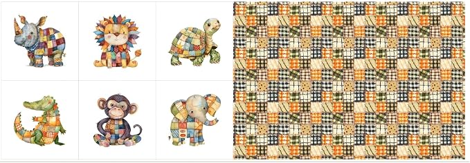 Cotton Fabric Panel – Single Continuous Patchwork Animal Panel with 6 Printed Squares (9.8” x 9.8”), Bonus Patchwork Area 29.5” x 19.7” – 100% Cotton Satin Fabric for Quilting, Sewing & Kids Crafts