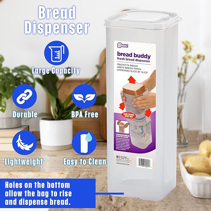 Buddeez Bread Buddy Bread Box - Keep Your Loaf Fresh - Storage Container Holds 1.5 lb. Sandwich Size Loaf - White Lid, Pack of 1