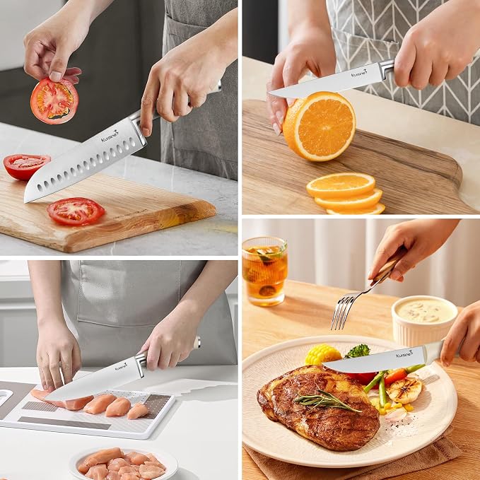 Kuisine Knife Set with Block and Sharpener, High Carbon Stainless Steel Chef Knife block Set for Kitchen（15 PCS Pro White）
