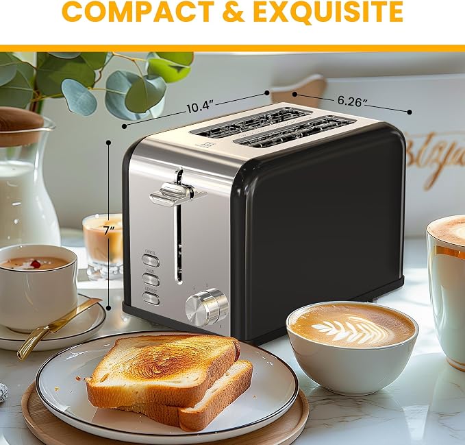 Simple Deluxe 2-Slice Toaster, 3 Function and 6 Browning Setting, Extra Wide Slot & Removable Crumb Tray, for Bread & Waffle, Black