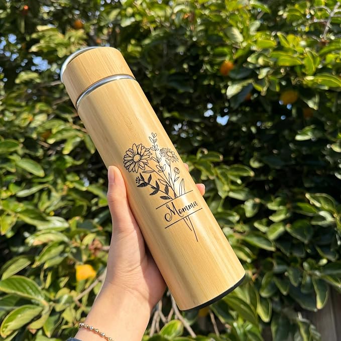 Personalized Gifts 15 oz Tea Tumbler Laser Engraving Bamboo Water Bottle Custom Name Birth Month Flower Gift for Mom, Birthday Gifts, Family
