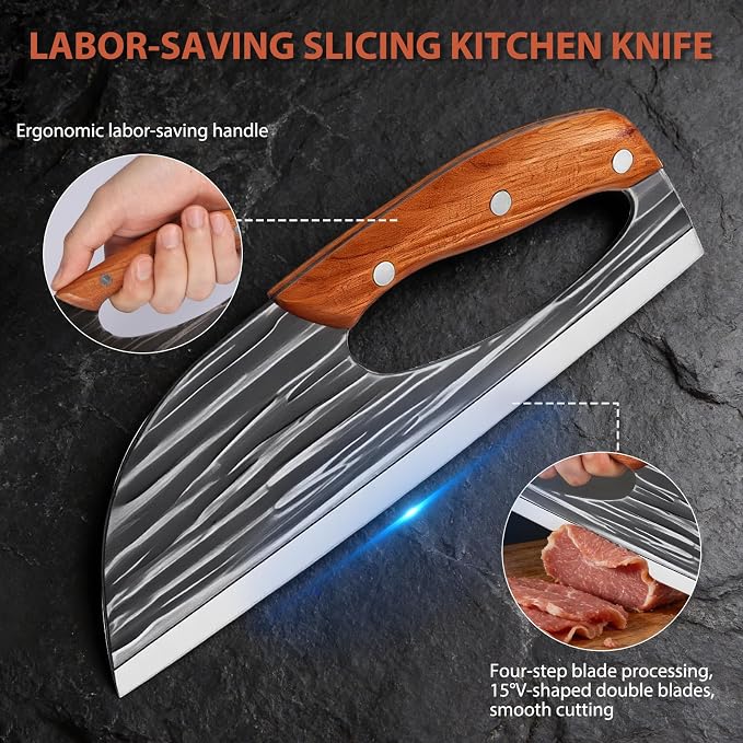 2 Pcs Meat Cleaver Knife Set, Effort Saving Meat Cleaver for Cutting Meat Vegetable, Sharp Carbon Steel Cooking Viking Knife with Leather Sheath for Kitchen, Camping, Outdoor Cooking, BBQ Gift