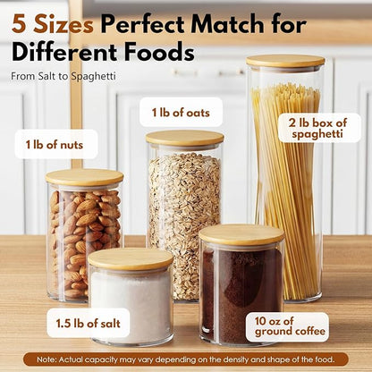 OneDream Glass Container - 5 Pack MultiSize Glass Jars with Bamboo Lid, Bamboo Lid Storage Jar Canister for Coffee Beans, Cereal, Pasta, Flour, Tea, Nuts, Candy, Salts and More