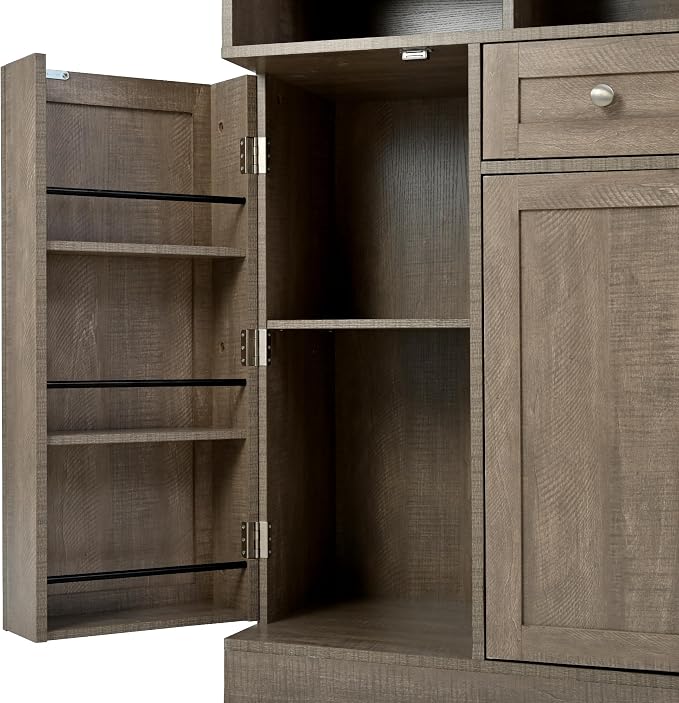 VilroCaz Farmhouse Style Large Kitchen Pantry with Hutch, Freestanding Wood Storage Cabinet Cupboard with Pull-Out Side Cabinet, Door Shelves and Drawer (Brown-6.10)