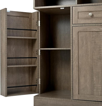 VilroCaz Farmhouse Style Large Kitchen Pantry with Hutch, Freestanding Wood Storage Cabinet Cupboard with Pull-Out Side Cabinet, Door Shelves and Drawer (Brown-6.10)