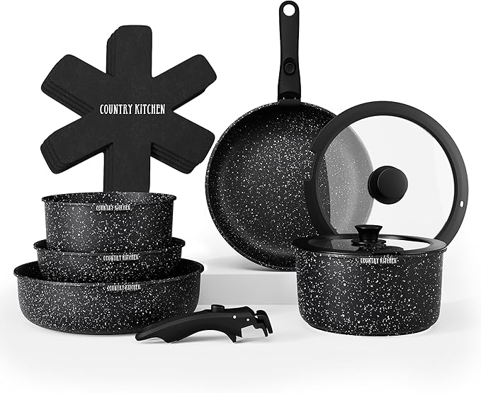 Country Kitchen Cookware Set with Removable Handle, Oven & RV Safe Pots and Pans Set, Black, Original