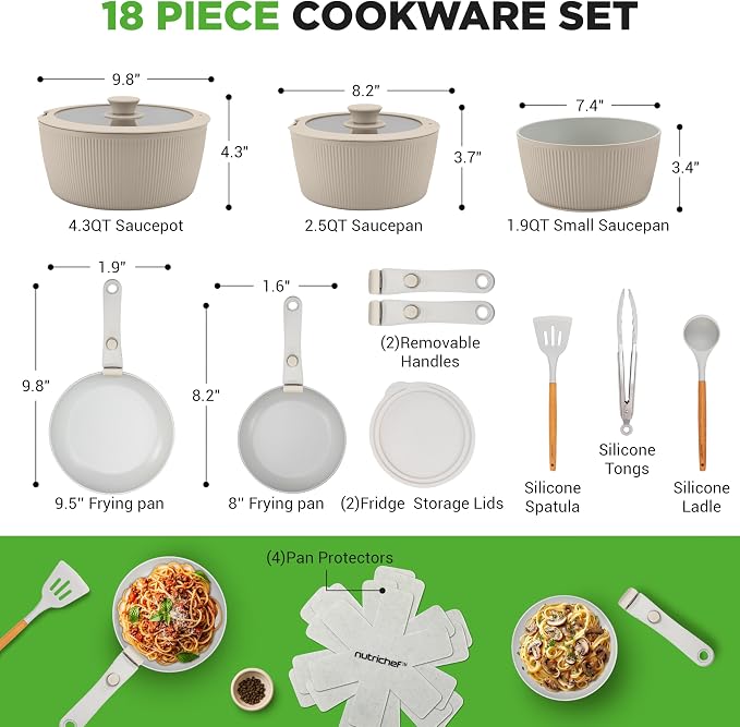 NutriChef 18-Piece Ceramic Cookware Set with Detachable Handles, Non Stick Pots and Pans, PTFE-Free Natural Ceramic Coating, Space-Saving Design, Oven & Stove Safe, Includes Utensils, Cream