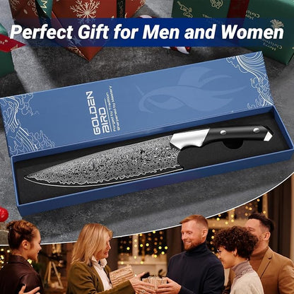 Golden Bird Damascus Chef Knife, 8 Inch Professional Japanese Kitchen Knife,Sharp High Carbon Stainless Steel VG10 Chef’s Knives For Meat Cutting,Hand Forged Cooking Knives with Gifts for Men