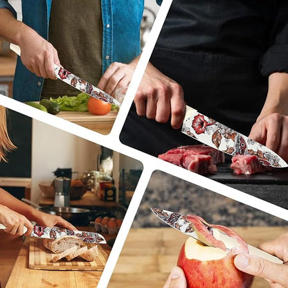 Marco Almond Knife Set Artistic Designed Pattern Kitchen Knife 6 Stainless Steel Kitchen Knives w 6 Blade Guards, Dishwasher Safe Knives for Family Kitchen Knives Set for Chefs