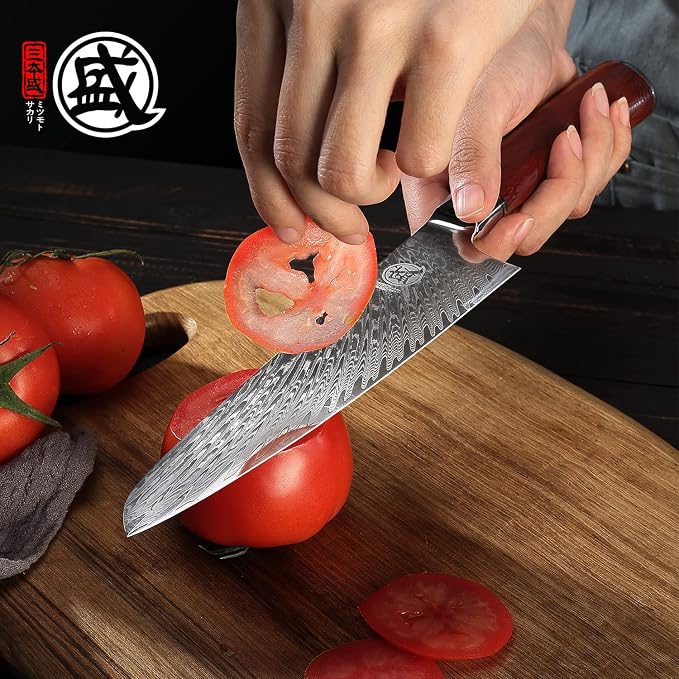 MITSUMOTO SAKARI 7.5-Inch Japanese Santoku Knife, VG-10 Damascus Steel | Wide Santoku blade for slicing, dicing and mincing, 67-layer VG-10 Damascus steel for daily kitchen prep