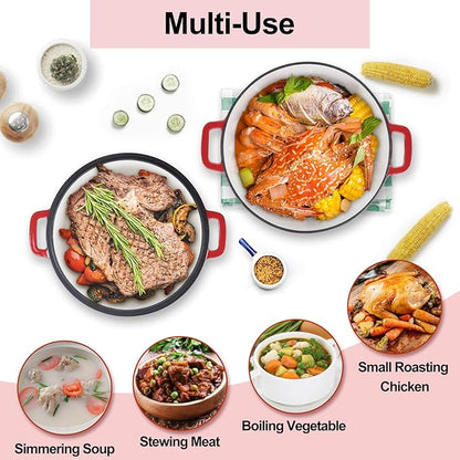 TeamFar 2-In-1 Enameled Cast Iron Dutch Oven, 5 Quart Dutch Oven Pot Cookware with Skillet Lid for Bread Baking Braising Stewing Roasting, Heavy-Duty & Nonstick, Oven Safe & Fit for Induction (Red)