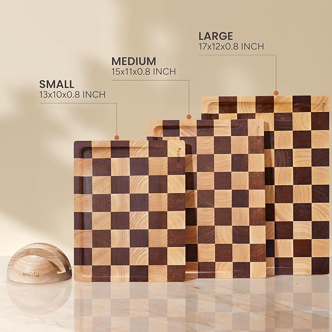 SMIRLY Wooden Cutting Boards for Kitchen - Rubberwood Cutting Boards for Meal Prep, Serving, Charcuterie - Kitchen Gadgets, House Warming Gifts - Wood Chopping Board Set of 3 with Holder