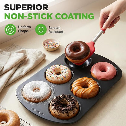 NutriChef Donut Mold | Nonstick Carbon Steel Donut Pan for Baking | 6-Cavity Tray with Bagel Mold Design | Oven Safe up to 450°F | Stainless Steel 12.5 x 8.5 Inch Bakeware | Black