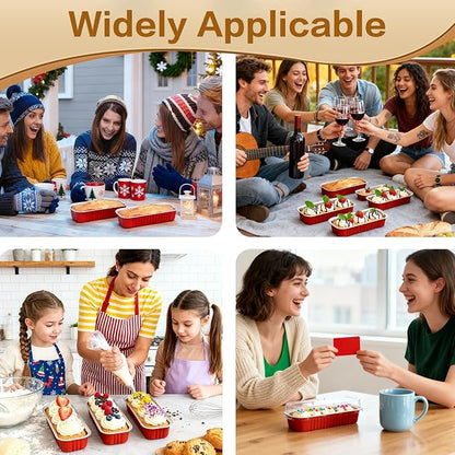 Mini Cake Pans with Lids and Spoons 200 Pack, Mini Loaf Pans with lids 6.8oz, Small Disposable Aluminum Foil Loaf Pans, Rectangular Baking Container for Party, Picnics and Housewarming (Red)
