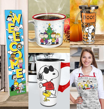 Spoontiques - Ceramic Travel Coffee Mug with Lid and Handle - Spill Proof Lid - Double Walled Mug for Hot and Cold Beverages - Microwave and Dishwasher Safe - Snoopy