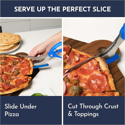 Blue Pizza Scissors - Non-Stick Pizza Scissors with Firm Grip Base - Food Grade Stainless Steel Pizza Cutter - 5-in-1 Food Slicer & Pizza Server - Durable, Safe & Mess Free